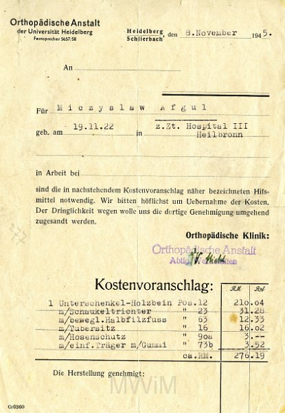 KKE 5761.jpg - (niemiecki) Dok.Zaświadczenie z kliniki ortopedi i podsumowanie kosztów dla Mieczysława Awgula, Heilbronn, 8 XI 1945 r.